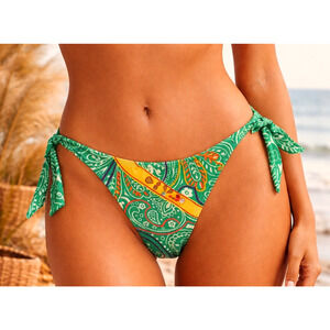 Cia Maritima Bikini Bottom Womens Large 42 Green Paisley Tanga Side Tie Swimwear